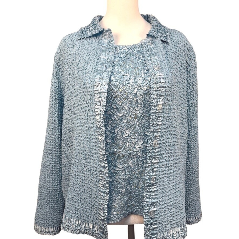 Rafael Womens Popcorn Crinkle Twin Set Jacket Tank Light Blue Sequin Large